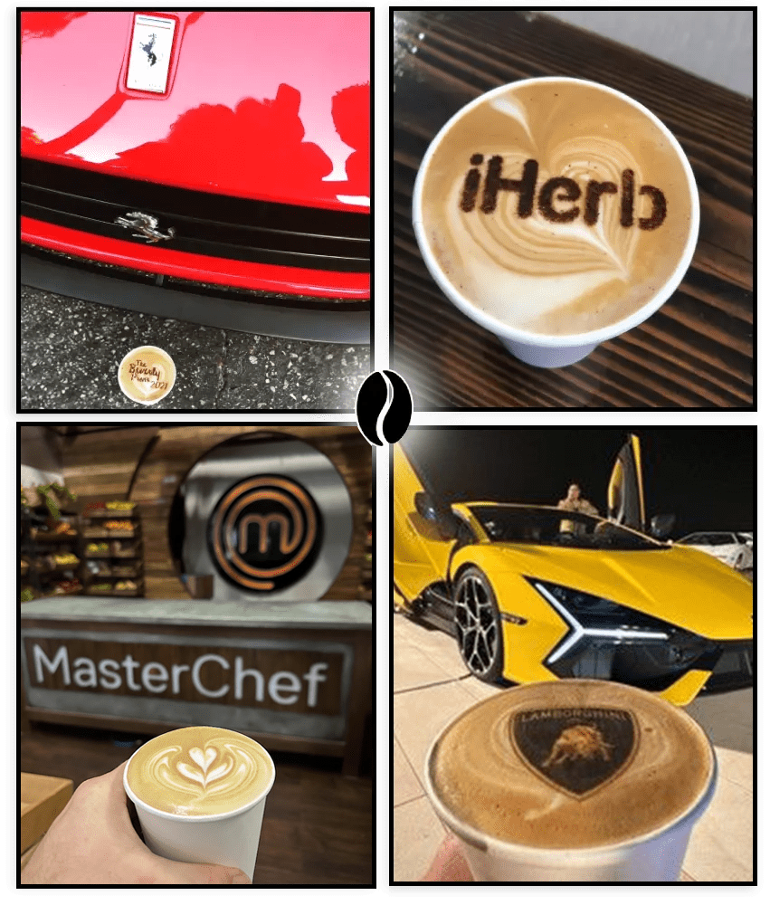 Collage of coffee art, a sports car, and MasterChef branding.